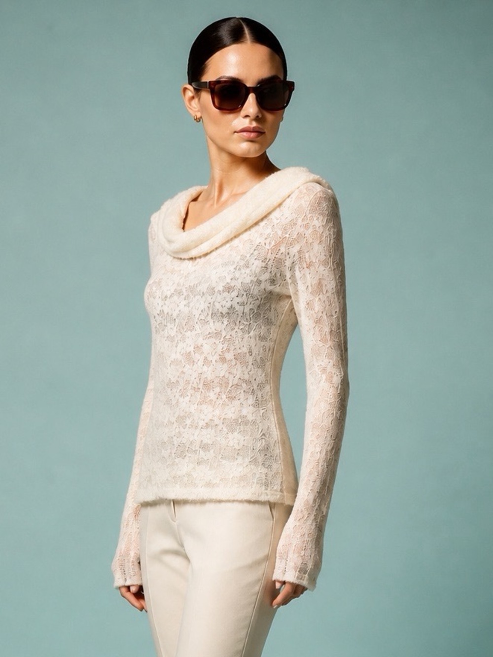 Kimchi Blue Urban Outfitters Ivory Floral Lace Cowl Neck Long Sleeve Top S